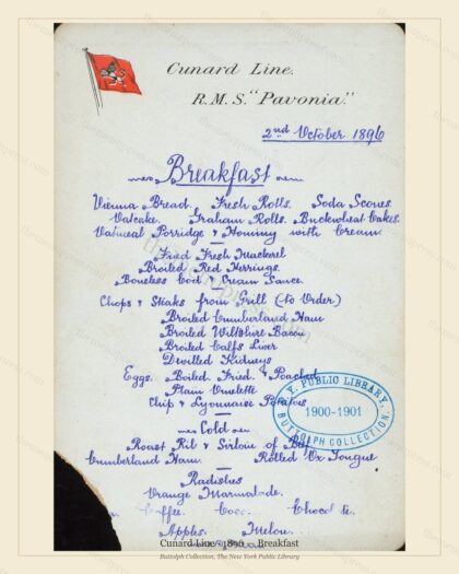 Vintage menu preview — 1896 Vintage Breakfast Menu — Cunard Line, Transatlantic Ocean Liner Card (Compl