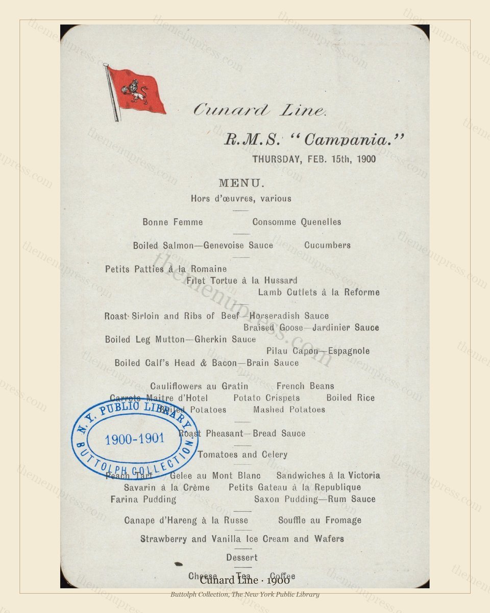 Vintage menu preview — 1900 Vintage Dining Menu — Cunard Line, Transatlantic Ocean Liner Card (Complete