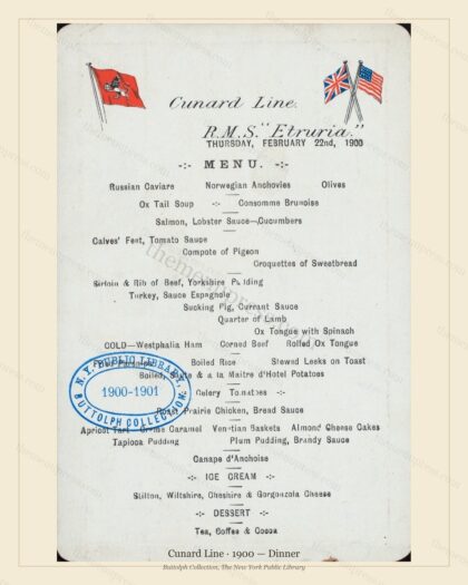 Vintage menu preview — 1900 Vintage Dinner Menu — Cunard Line, Transatlantic Ocean Liner Card (Complete
