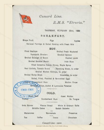 Vintage menu preview — 1900 Vintage Dining Menu — Cunard Line, Transatlantic Ocean Liner Card (Complete
