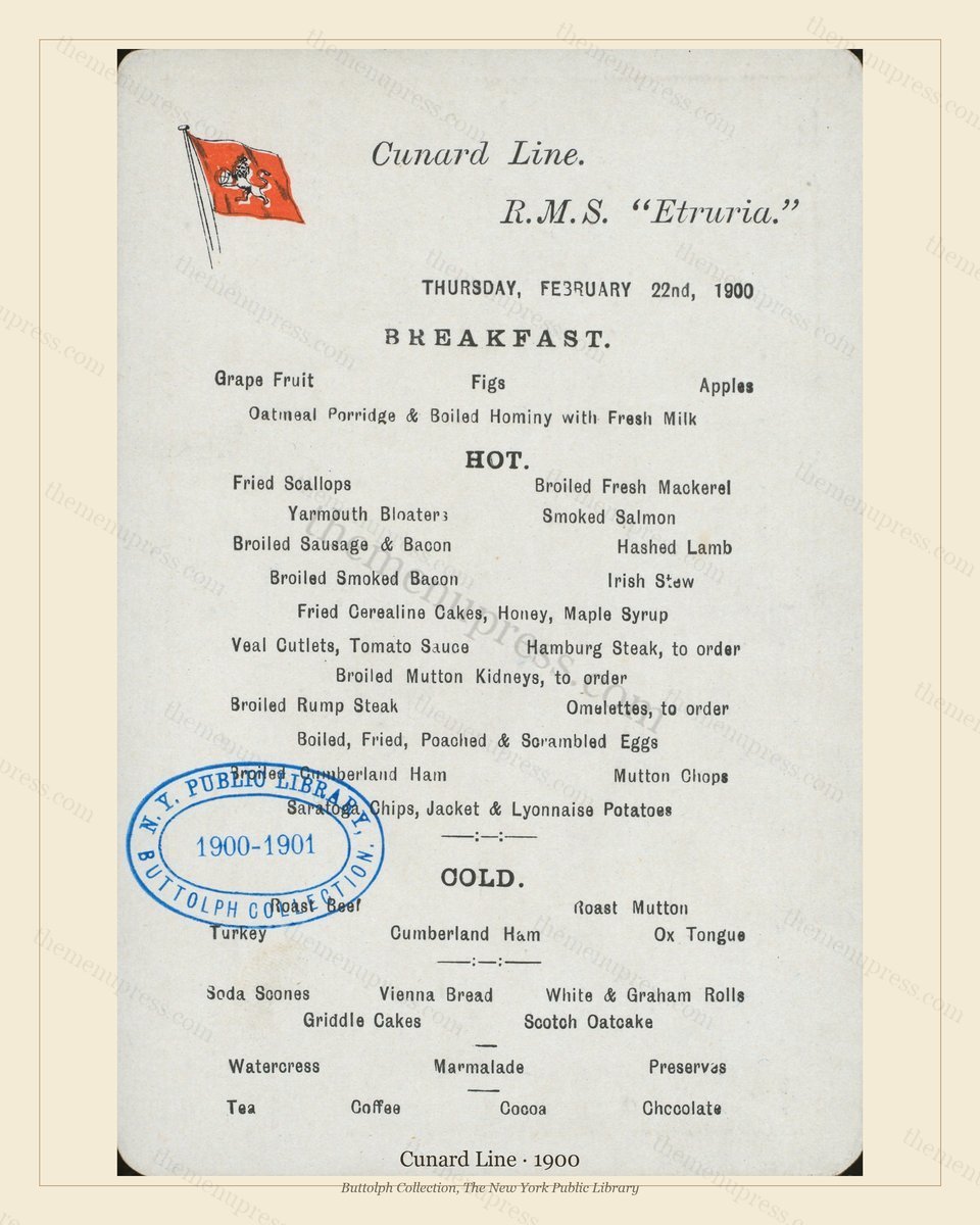 Vintage menu preview — 1900 Vintage Dining Menu — Cunard Line, Transatlantic Ocean Liner Card (Complete