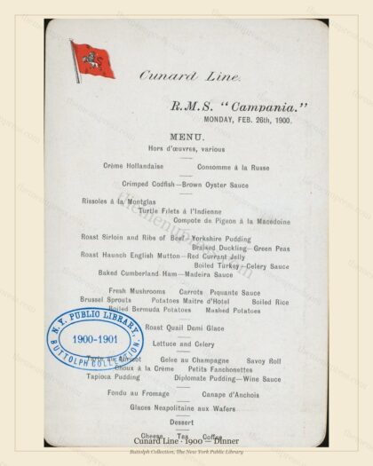 Vintage menu preview — 1900 Vintage Dinner Menu — Cunard Line, Transatlantic Ocean Liner Card (Complete
