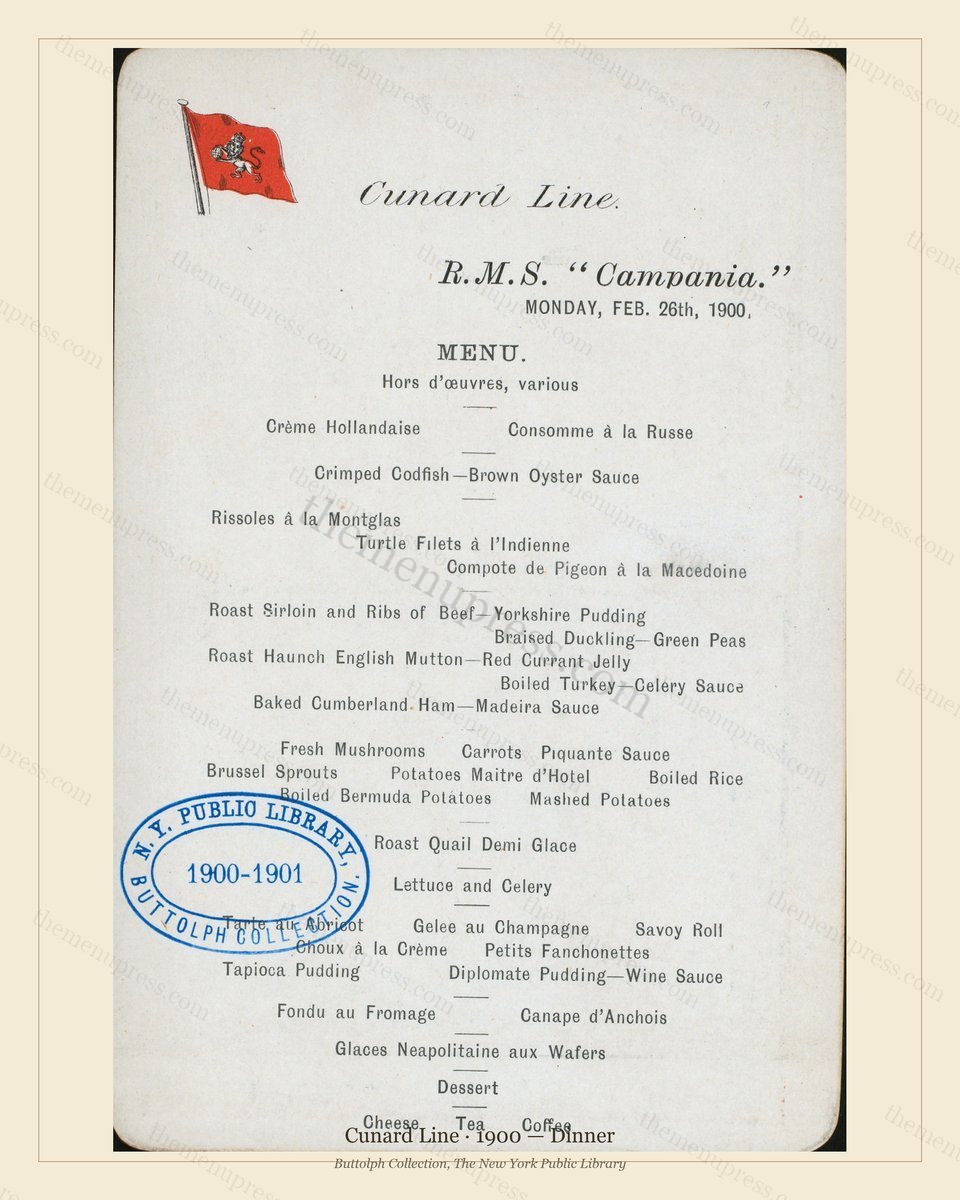 Vintage menu preview — 1900 Vintage Dinner Menu — Cunard Line, Transatlantic Ocean Liner Card (Complete