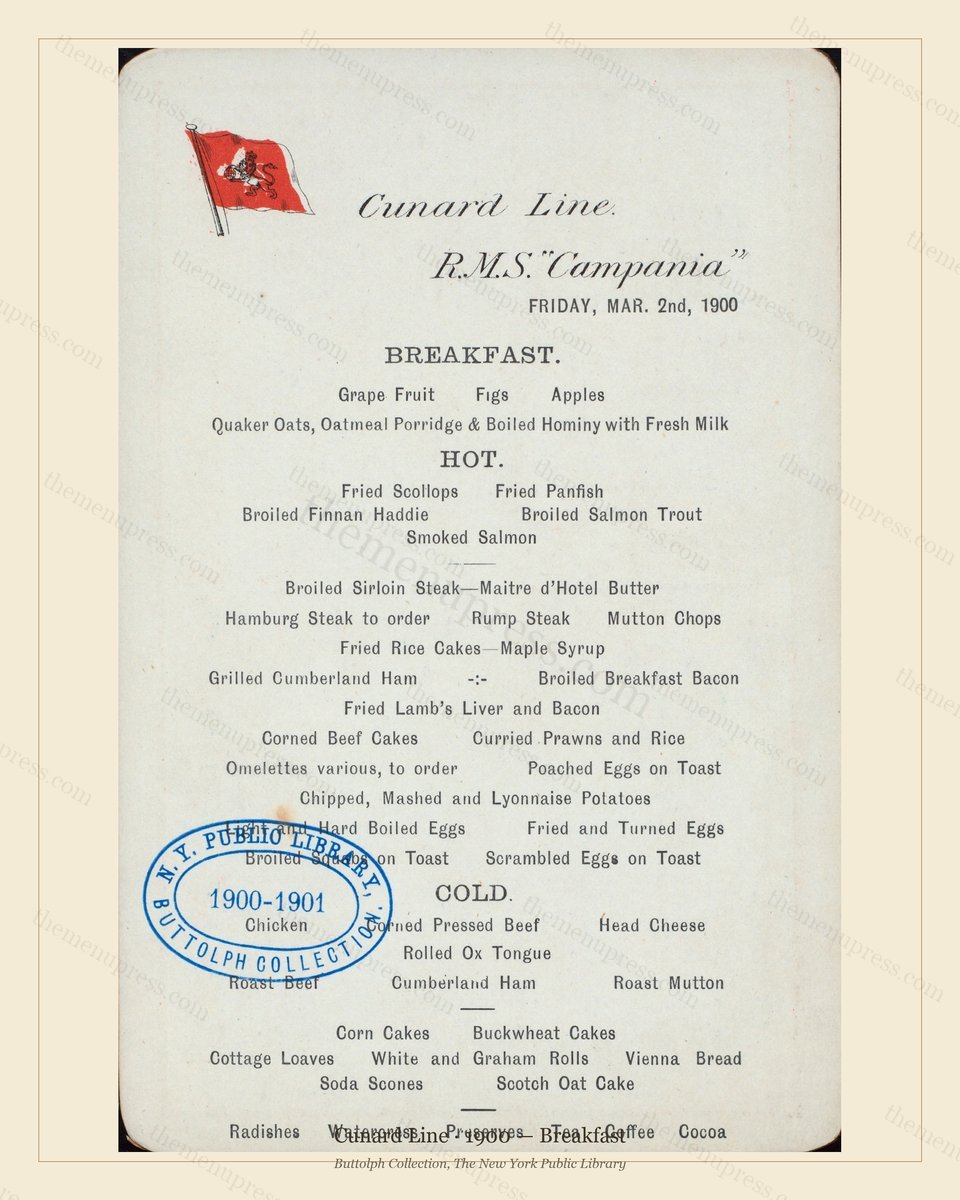 Vintage menu preview — 1900 Vintage Breakfast Menu — Cunard Line, Transatlantic Ocean Liner Card
