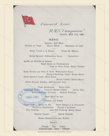 Vintage menu preview — 1900 Vintage Dinner Menu — Cunard Line, Transatlantic Ocean Liner Card