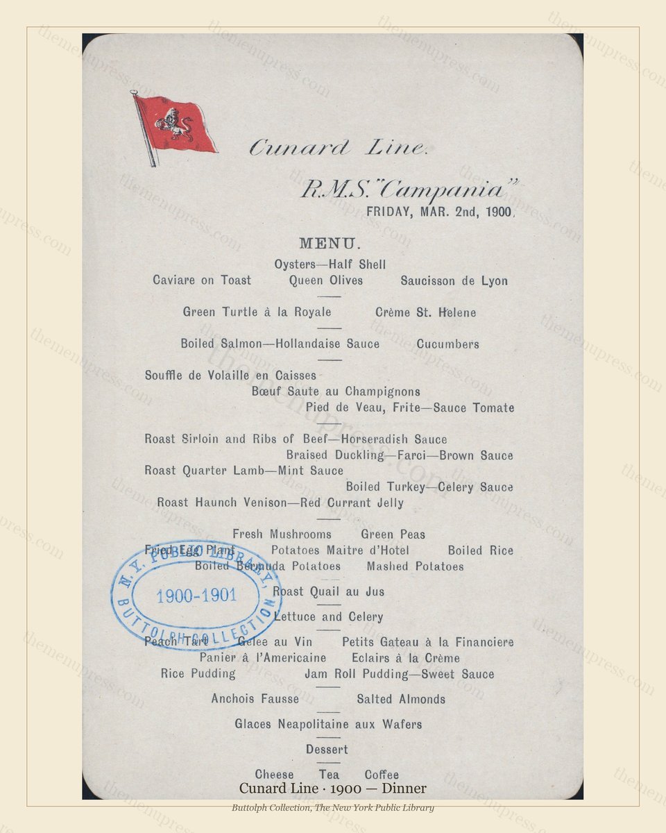 Vintage menu preview — 1900 Vintage Dinner Menu — Cunard Line, Transatlantic Ocean Liner Card