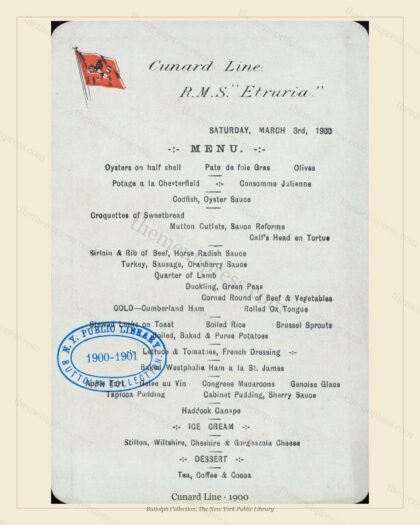 Vintage menu preview — 1900 Vintage Dining Menu — Cunard Line, Transatlantic Ocean Liner Card (Complete