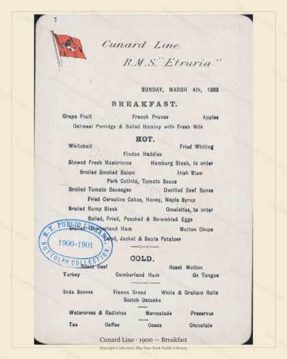 Vintage menu preview — 1900 Vintage Breakfast Menu — Cunard Line, Transatlantic Ocean Liner Card