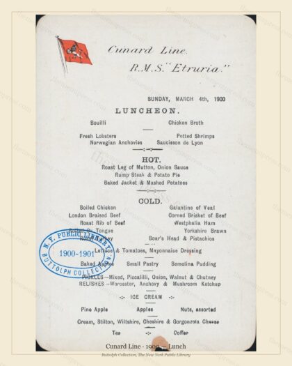 Vintage menu preview — 1900 Vintage Lunch Menu — Cunard Line, Transatlantic Ocean Liner Card