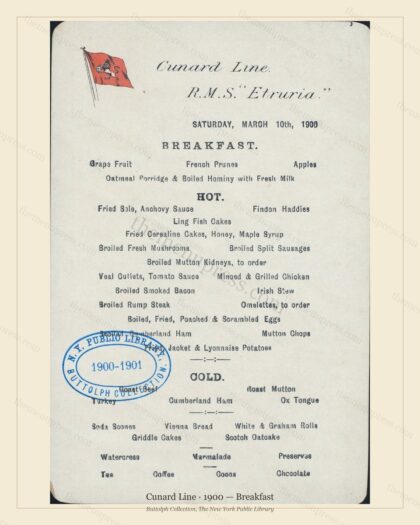 Vintage menu preview — 1900 Vintage Breakfast Menu — Cunard Line, Transatlantic Ocean Liner Card (Compl