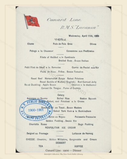 Vintage menu preview — 1900 Vintage Dinner Menu — Cunard Line, Transatlantic Ocean Liner Card (Complete