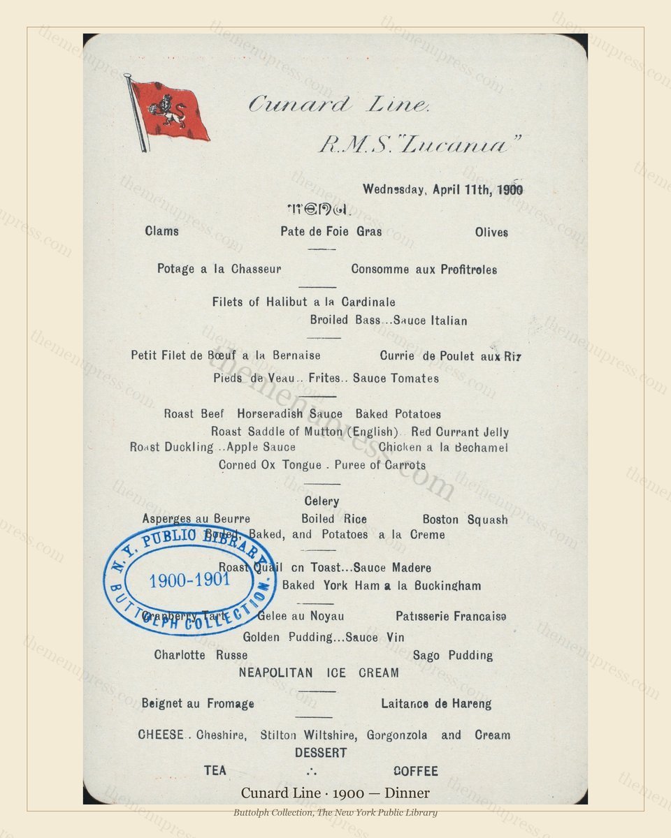 Vintage menu preview — 1900 Vintage Dinner Menu — Cunard Line, Transatlantic Ocean Liner Card (Complete