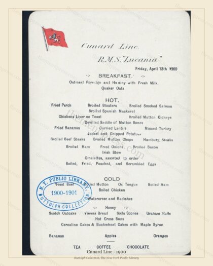 Vintage menu preview — 1900 Vintage Dining Menu — Cunard Line, Transatlantic Ocean Liner Card (Complete