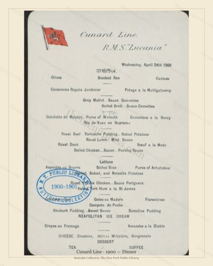 Vintage menu preview — 1900 Vintage Dinner Menu — Cunard Line, Transatlantic Ocean Liner Card (Complete