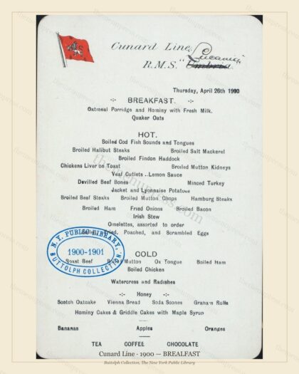 Vintage menu preview — 1900 Vintage BREALFAST Menu — Cunard Line, Transatlantic Ocean Liner Card (Compl