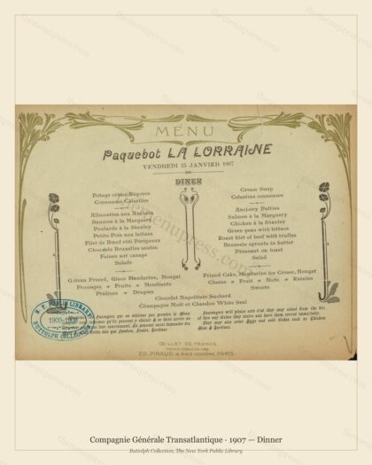 Vintage menu preview — 1907 Vintage Dinner Menu — Compagnie Générale Transatlantique, Transatlantic Oce