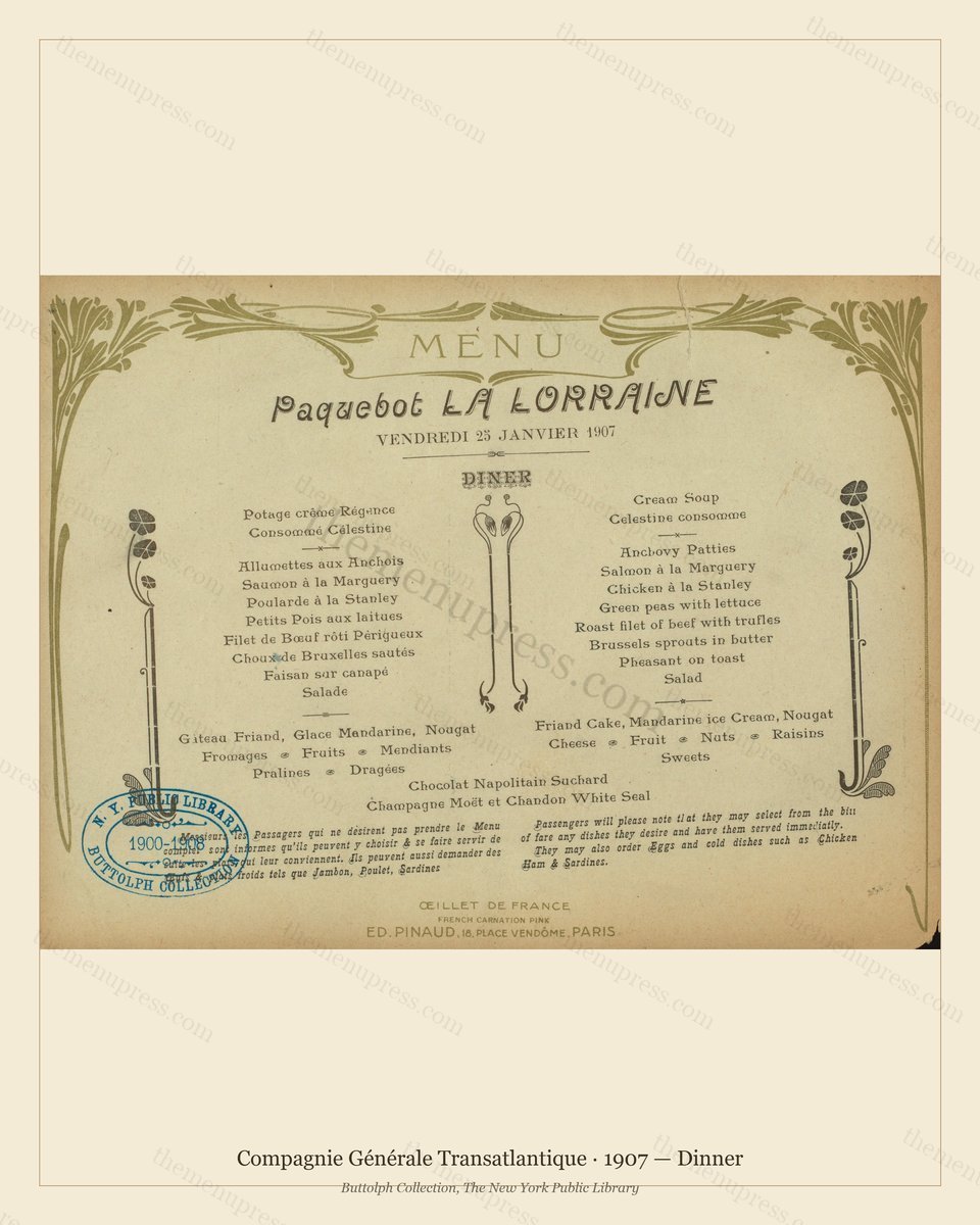 Vintage menu preview — 1907 Vintage Dinner Menu — Compagnie Générale Transatlantique, Transatlantic Oce