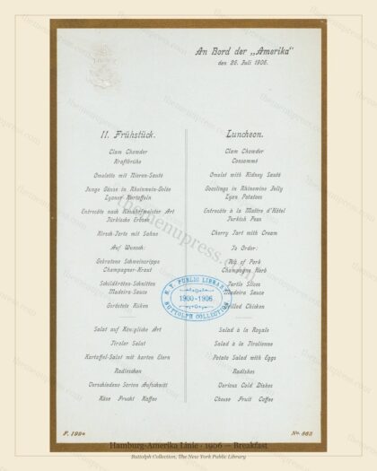 Vintage menu preview — 1906 Vintage Breakfast Menu — Hamburg-Amerika Linie, Transatlantic Ocean Liner C
