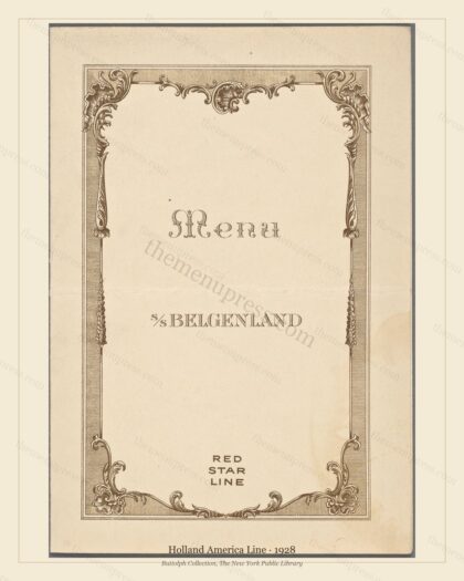 Vintage menu preview — 1928 Vintage Dining Menu — Holland America Line, Transatlantic Ocean Liner Card