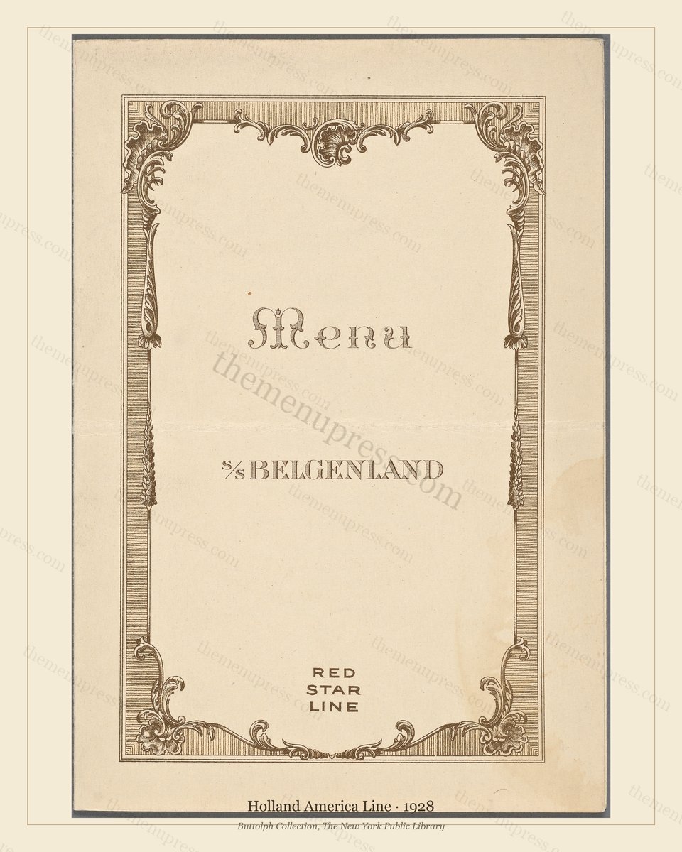 Vintage menu preview — 1928 Vintage Dining Menu — Holland America Line, Transatlantic Ocean Liner Card