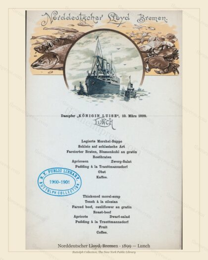 Vintage menu preview — 1899 Vintage Lunch Menu — Norddeutscher Lloyd, Bremen, Transatlantic Ocean Liner
