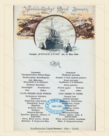 Vintage menu preview — 1899 Vintage Lunch Menu — Norddeutscher Lloyd, Bremen, Transatlantic Ocean Liner