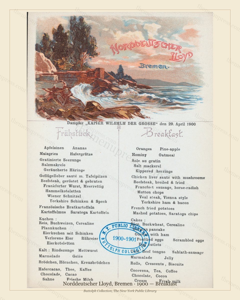 Vintage menu preview — 1900 Vintage Breakfast Menu — Norddeutscher Lloyd, Bremen, Transatlantic Ocean L