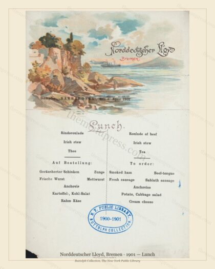 Vintage menu preview — 1901 Vintage Lunch Menu — Norddeutscher Lloyd, Bremen, Transatlantic Ocean Liner