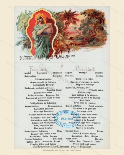 Vintage menu preview — 1901 Vintage Breakfast Menu — Norddeutscher Lloyd, Bremen, Transatlantic Ocean L