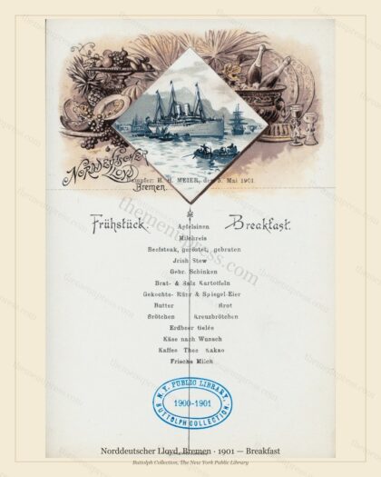 Vintage menu preview — 1901 Vintage Breakfast Menu — Norddeutscher Lloyd, Bremen, Transatlantic Ocean L