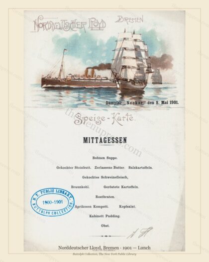 Vintage menu preview — 1901 Vintage Lunch Menu — Norddeutscher Lloyd, Bremen, Transatlantic Ocean Liner