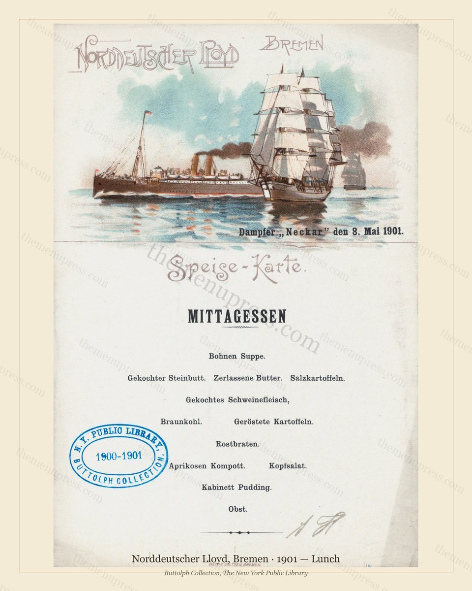 Vintage menu preview — 1901 Vintage Lunch Menu — Norddeutscher Lloyd, Bremen, Transatlantic Ocean Liner