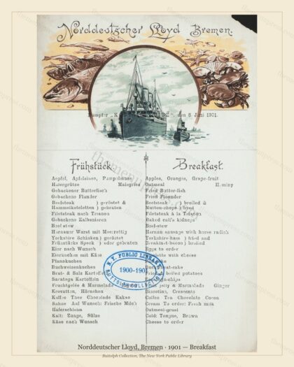 Vintage menu preview — 1901 Vintage Breakfast Menu — Norddeutscher Lloyd, Bremen, Transatlantic Ocean L