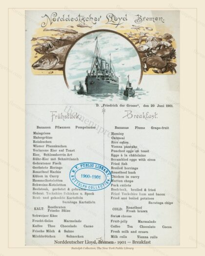 Vintage menu preview — 1901 Vintage Breakfast Menu — Norddeutscher Lloyd, Bremen, Transatlantic Ocean L