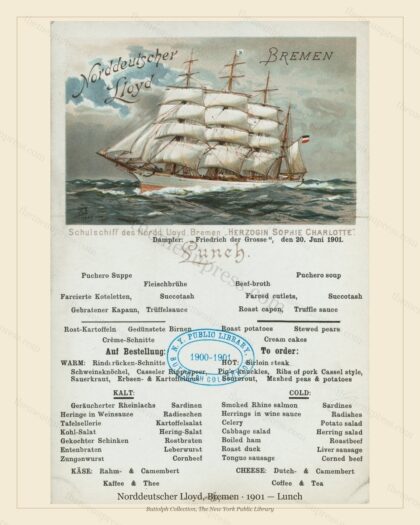 Vintage menu preview — 1901 Vintage Lunch Menu — Norddeutscher Lloyd, Bremen, Transatlantic Ocean Liner
