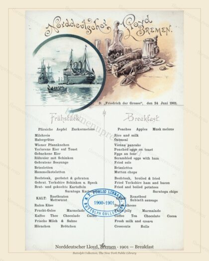 Vintage menu preview — 1901 Vintage Breakfast Menu — Norddeutscher Lloyd, Bremen, Transatlantic Ocean L