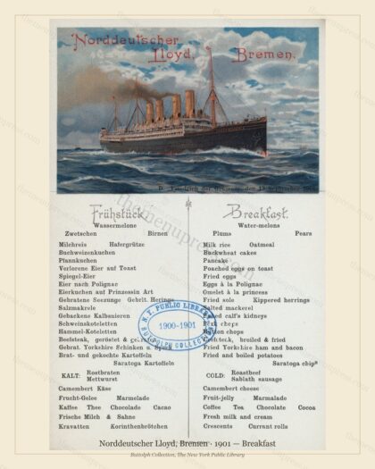Vintage menu preview — 1901 Vintage Breakfast Menu — Norddeutscher Lloyd, Bremen, Transatlantic Ocean L
