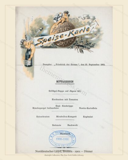 Vintage menu preview — 1901 Vintage Dinner Menu — Norddeutscher Lloyd, Bremen, Transatlantic Ocean Line