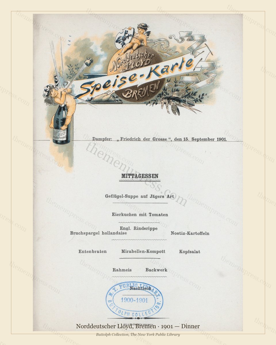 Vintage menu preview — 1901 Vintage Dinner Menu — Norddeutscher Lloyd, Bremen, Transatlantic Ocean Line