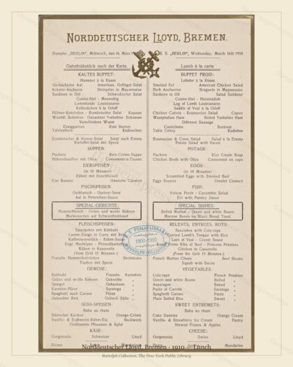 Vintage menu preview — 1910 Vintage Lunch Menu — Norddeutscher Lloyd, Bremen, Transatlantic Ocean Liner