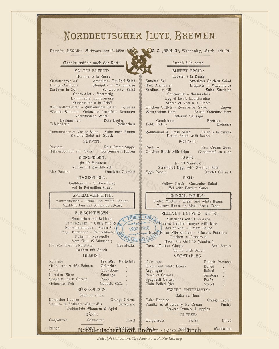 Vintage menu preview — 1910 Vintage Lunch Menu — Norddeutscher Lloyd, Bremen, Transatlantic Ocean Liner