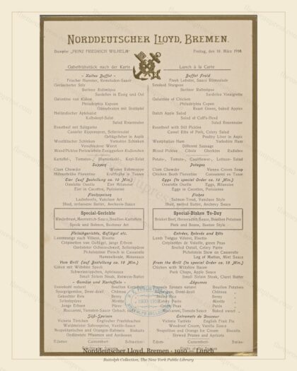 Vintage menu preview — 1910 Vintage Lunch Menu — Norddeutscher Lloyd, Bremen, Transatlantic Ocean Liner