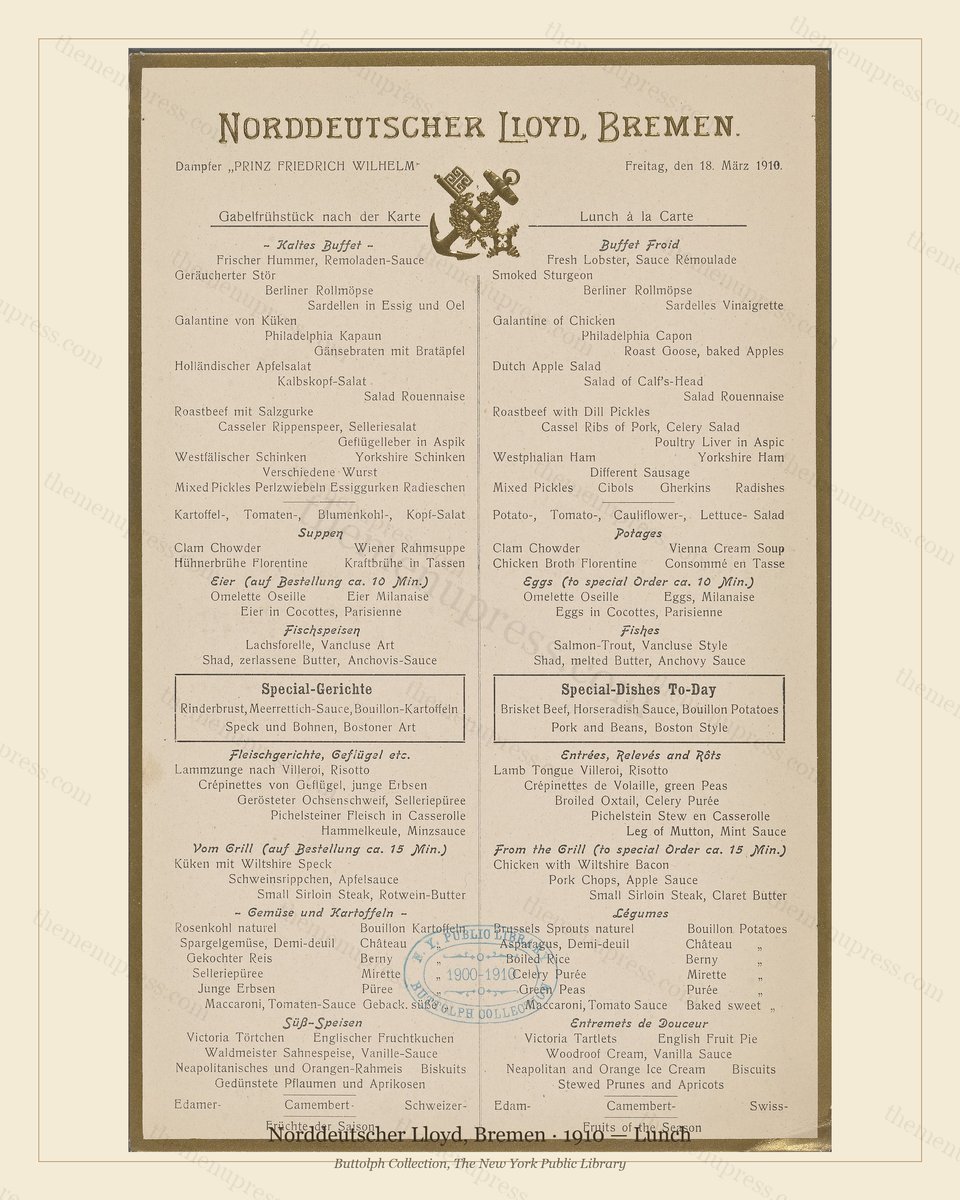 Vintage menu preview — 1910 Vintage Lunch Menu — Norddeutscher Lloyd, Bremen, Transatlantic Ocean Liner
