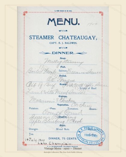 Vintage menu preview — 1900 Vintage Dinner Menu — Vintage Menu, Transatlantic Ocean Liner Card (Complet