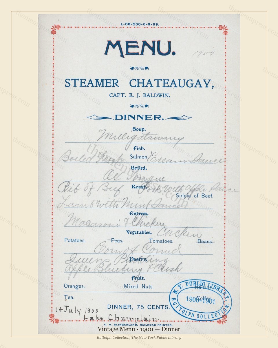 Vintage menu preview — 1900 Vintage Dinner Menu — Vintage Menu, Transatlantic Ocean Liner Card (Complet