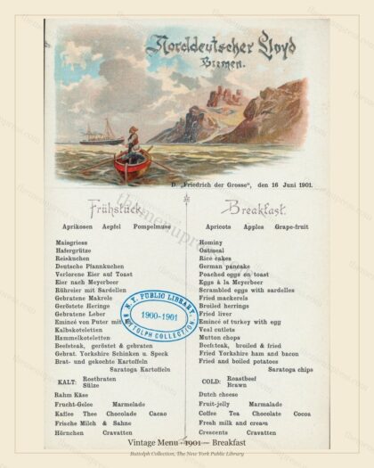 Vintage menu preview — 1901 Vintage Breakfast Menu — Vintage Menu, Transatlantic Ocean Liner Card (Comp