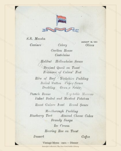 Vintage menu preview — 1901 Vintage Dinner Menu — Vintage Menu, Transatlantic Ocean Liner Card (Complet
