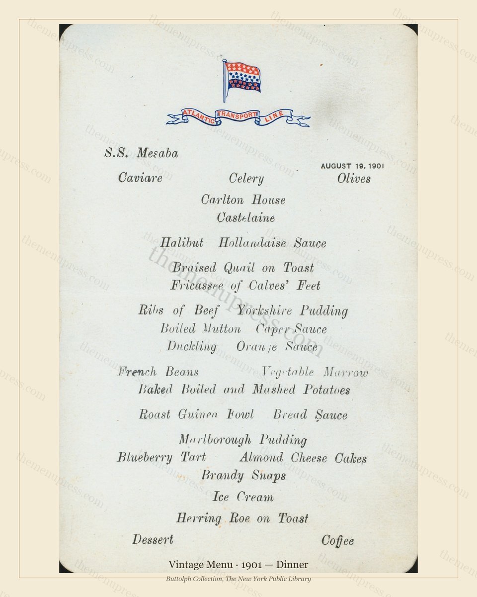 Vintage menu preview — 1901 Vintage Dinner Menu — Vintage Menu, Transatlantic Ocean Liner Card (Complet