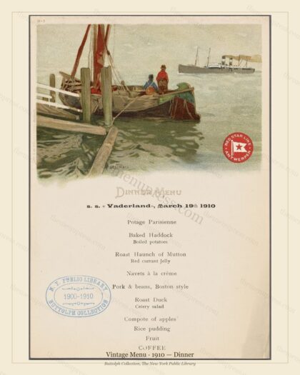 Vintage menu preview — 1910 Vintage Dinner Menu — Vintage Menu, Transatlantic Ocean Liner Card (Complet