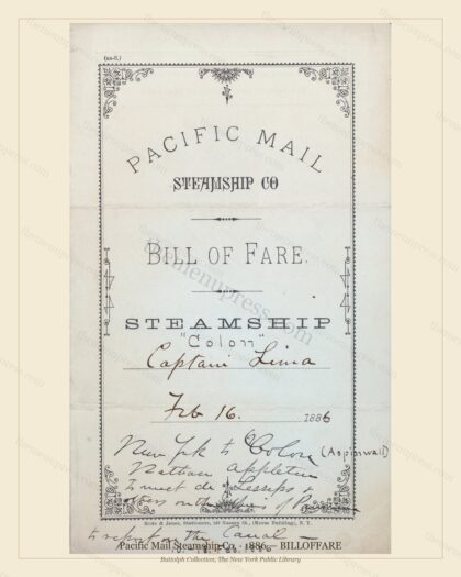 Vintage menu preview — 1886 Vintage BILLOFFARE Menu — Pacific Mail Steamship Co., Transatlantic Ocean L